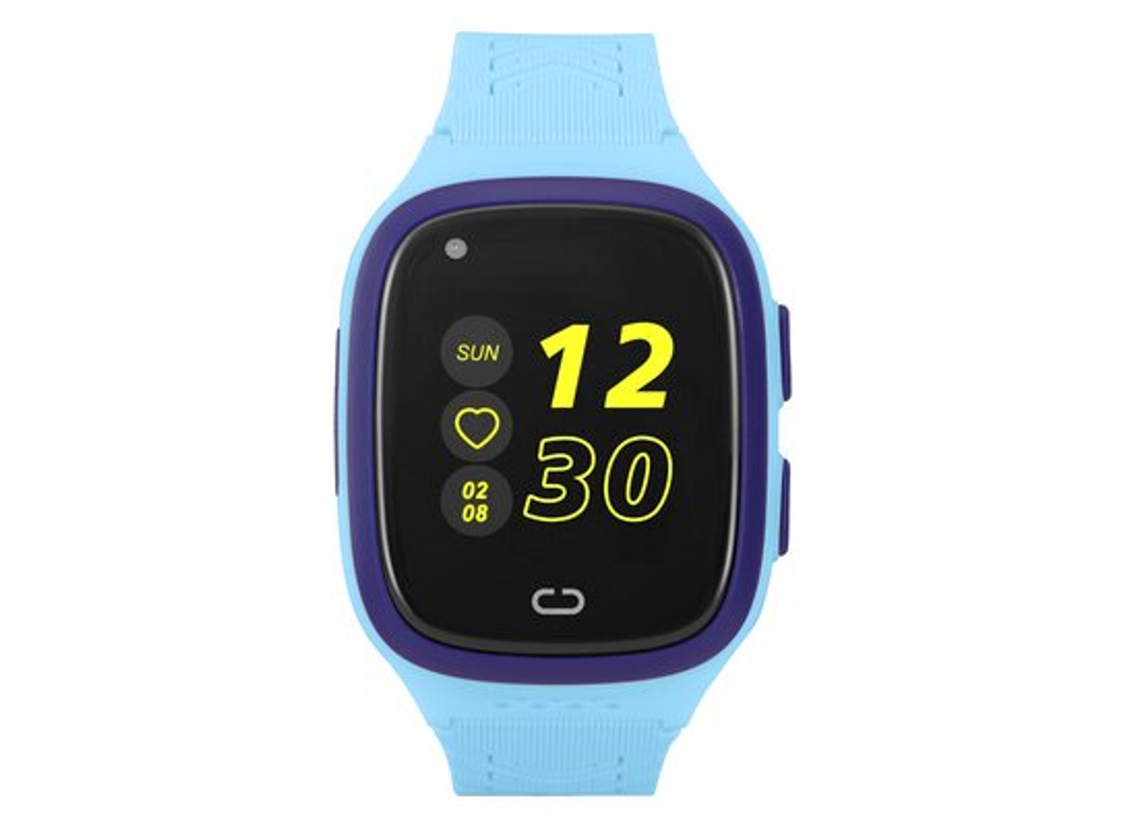 Jasnoniebieski smartwatch z granatową ramką i ekranem wyświetlającym czas i dane zdrowotne.