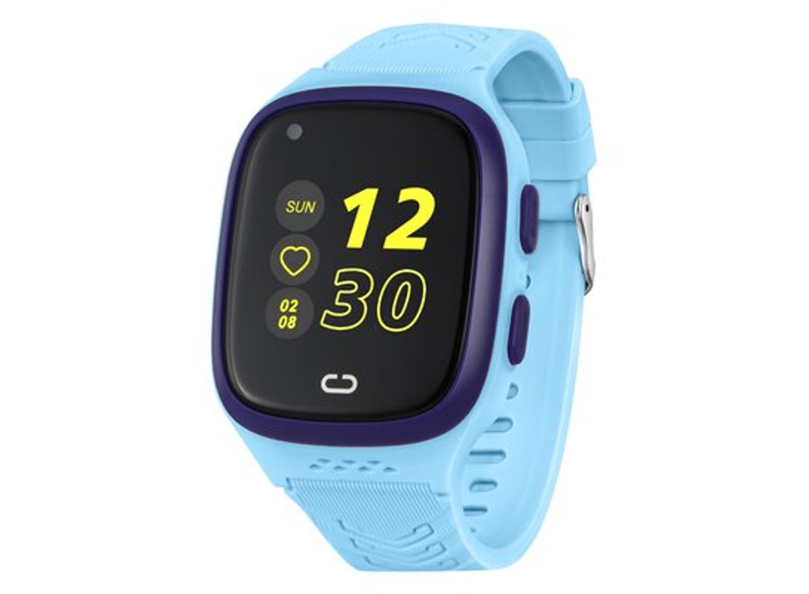 Jasnoniebieski smartwatch z granatową obwódką. Ekran pokazuje czas, symbol serca i kroki.