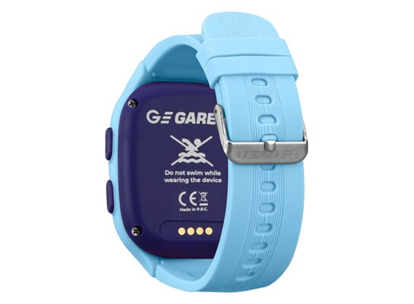 Tył jasnoniebieskiego smartwatcha, pokazujący pasek i szczegóły urządzenia.