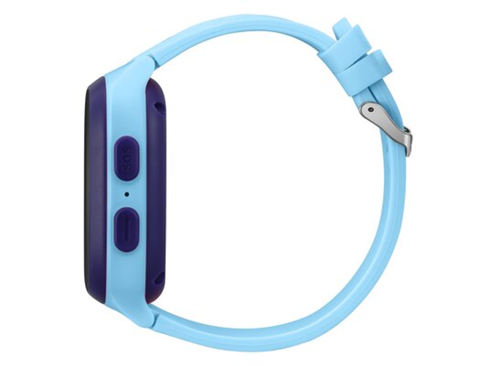 Widok z boku jasnoniebieskiego smartwatcha z granatową ramką i paskiem.
