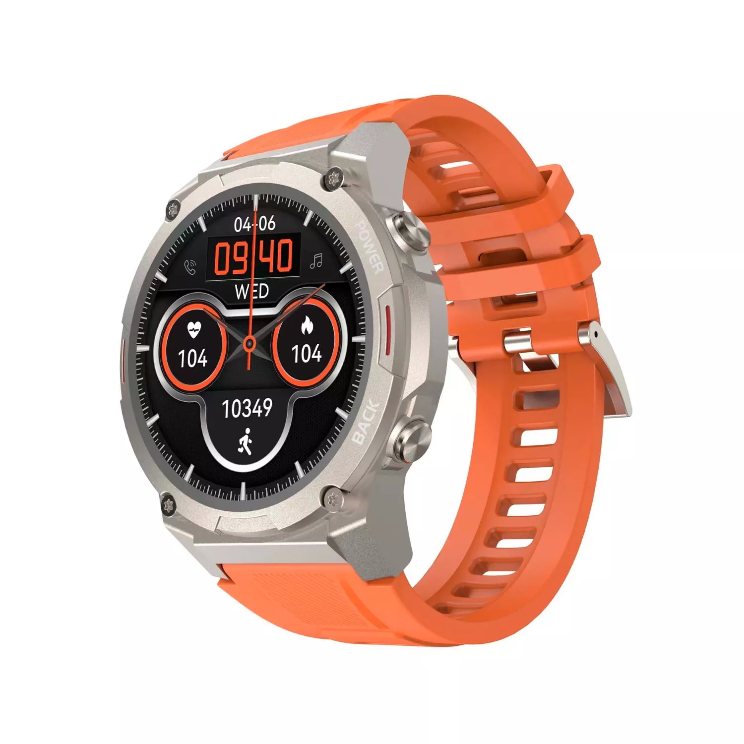 Orange smartwatch with an orange strap. The screen shows the time, heart rate, and steps.