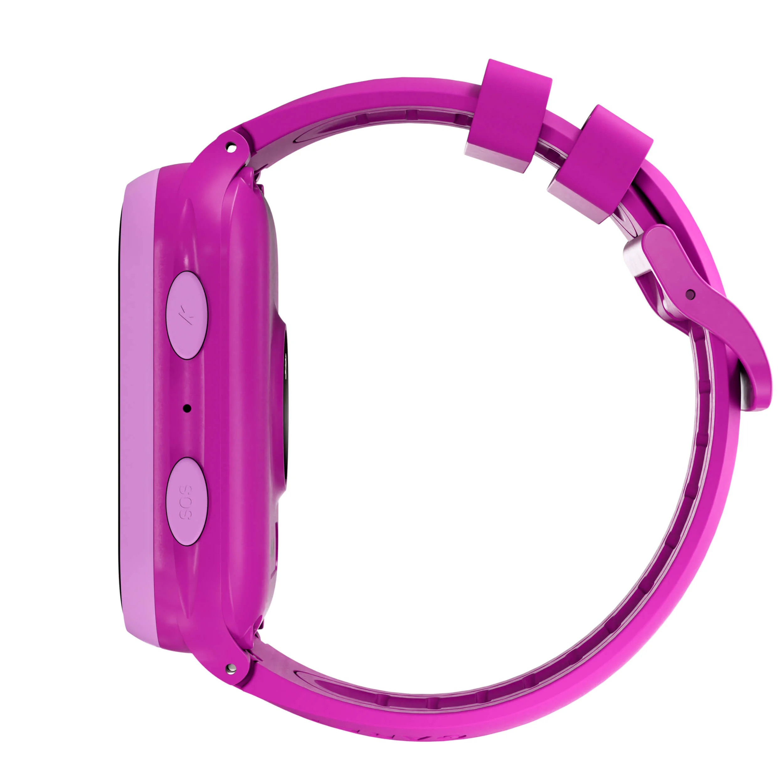 Vista laterale di uno smartwatch rosa con cinturino abbinato, mostra i pulsanti laterali.