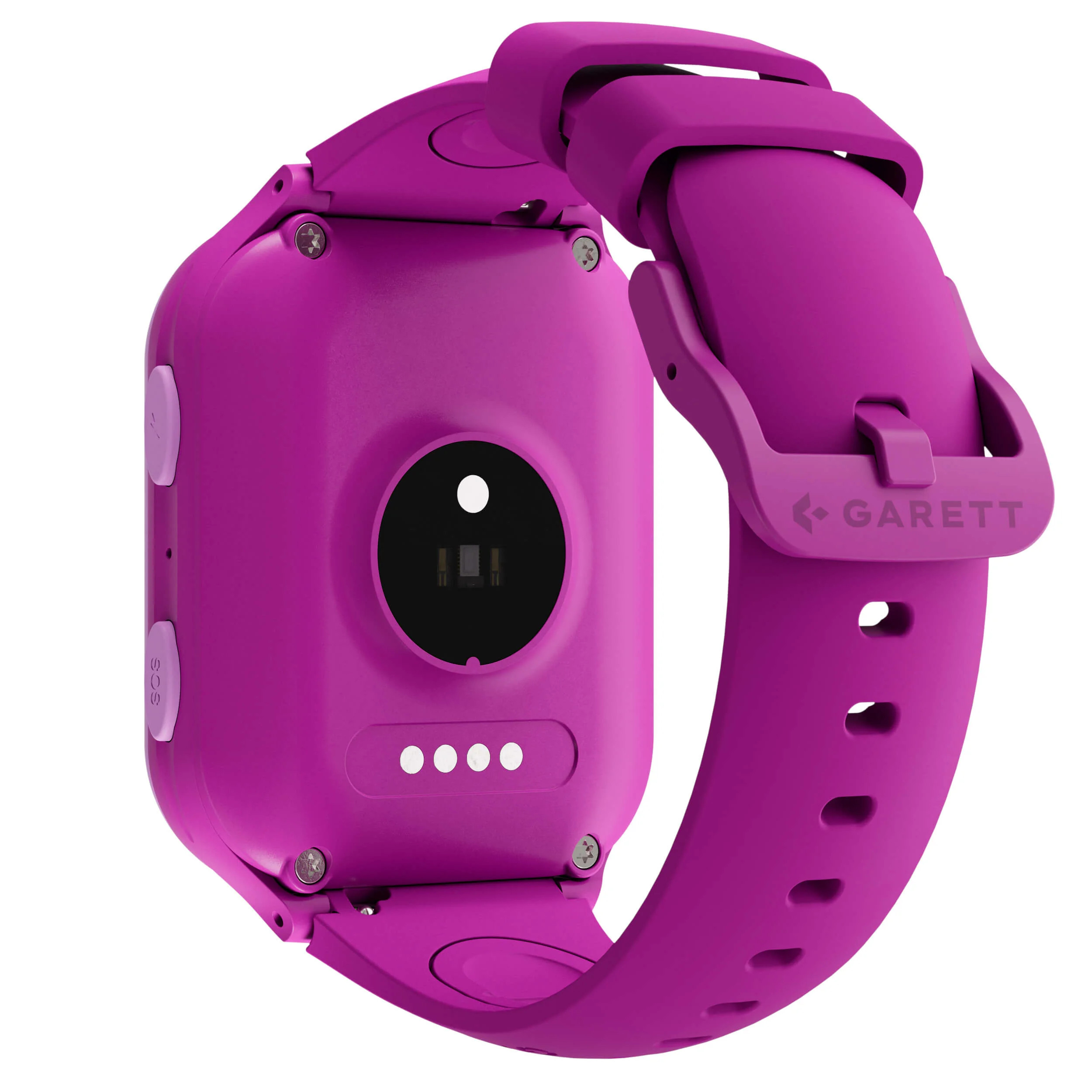 Smartwatch rosa con cinturino abbinato, vista posteriore, con sensore di frequenza cardiaca e pulsanti.