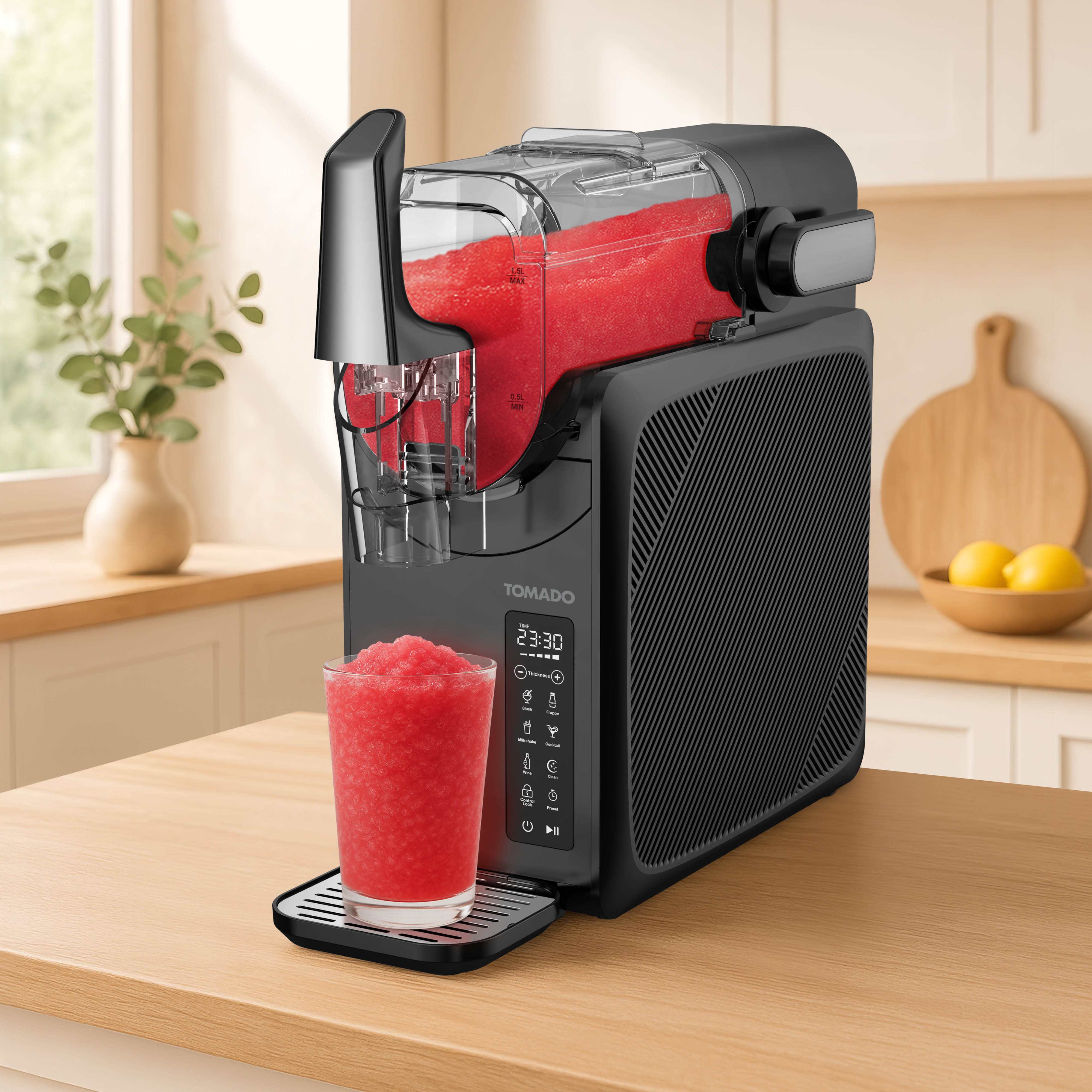 Eine schwarze und graue Slush-Eis-Maschine mit einem Glas Slush-Eis auf Holzoberfläche.