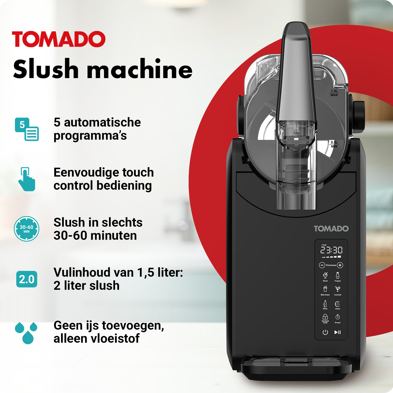 Eine schwarze Tomado Slush-Maschine wird vorgestellt, die ihre automatischen Programme und die einfache Touch-Steuerung auf einer Küchentheke hervorhebt.
