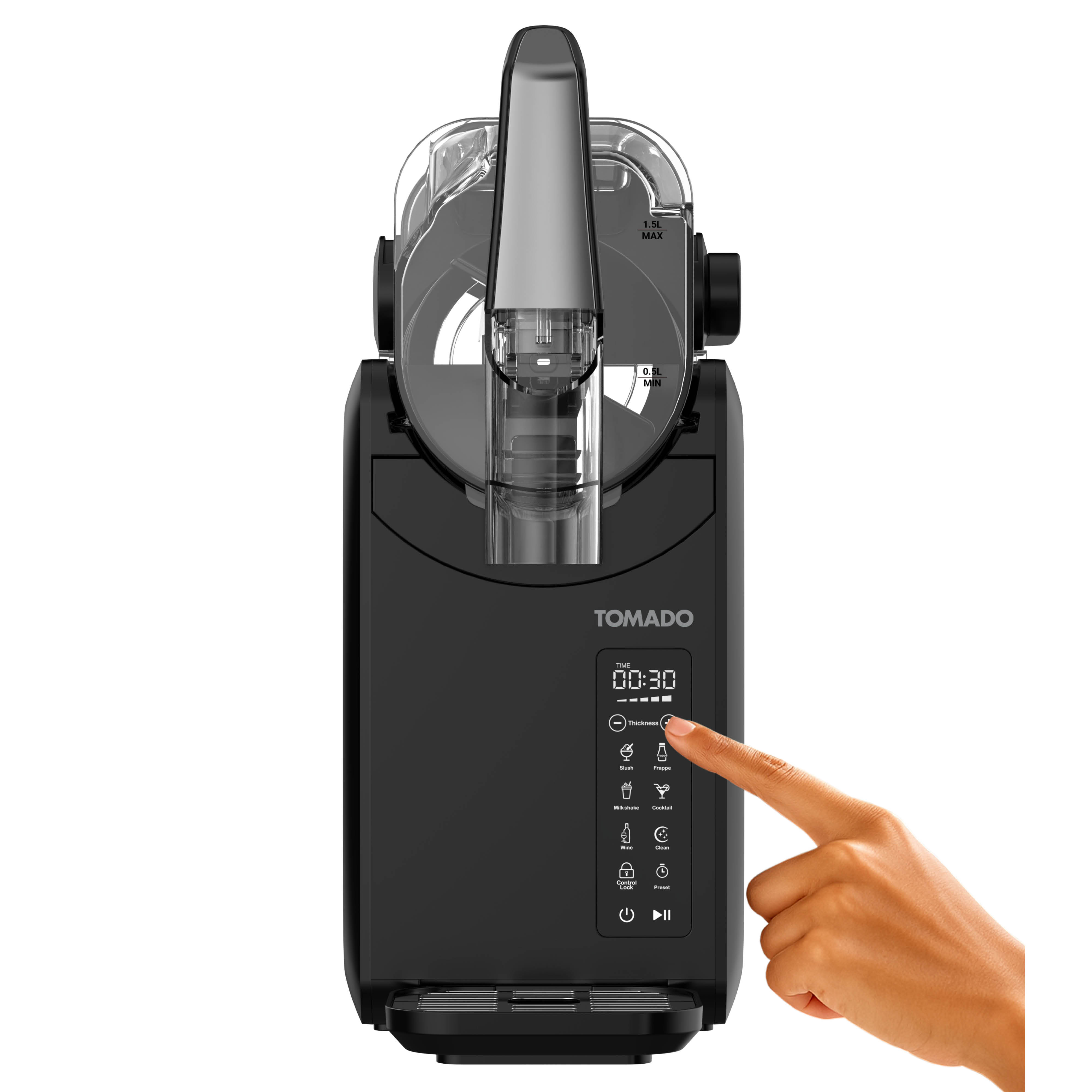 Eine Hand berührt das Bedienfeld einer schwarzen Slush-Maschine.