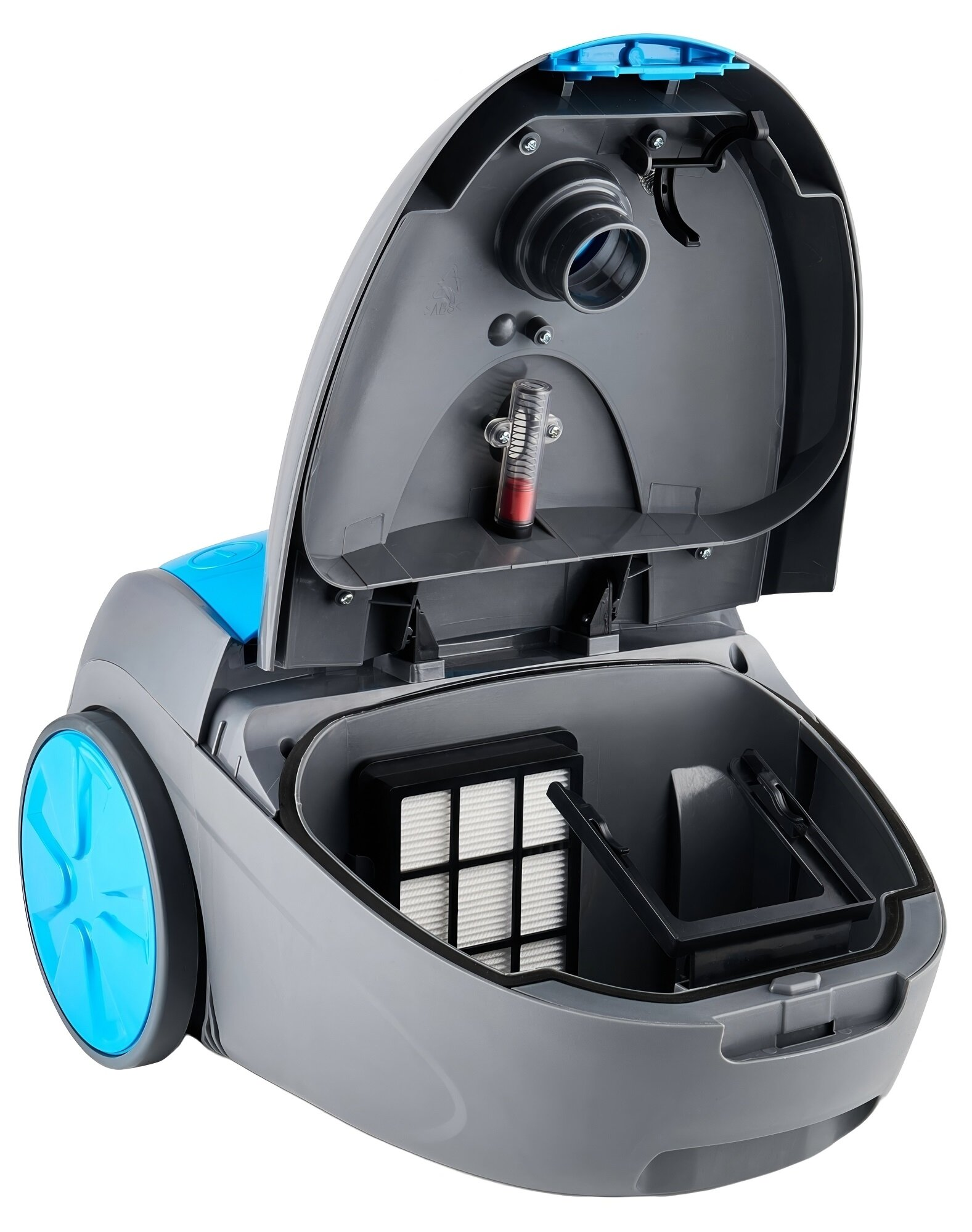 Un aspirapolvere aperto rivela il filtro e i componenti interni, su un design grigio e blu.
