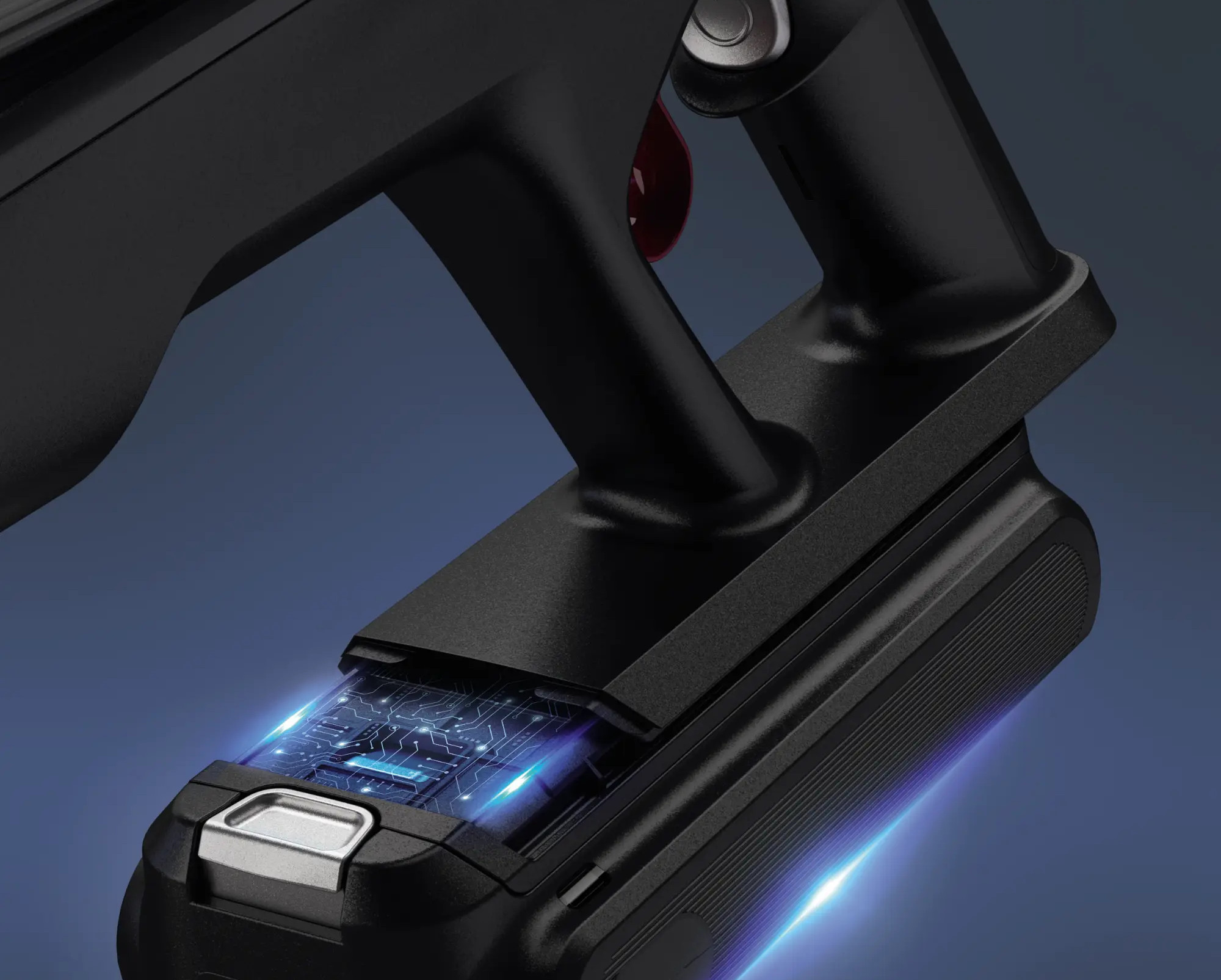 Primo piano di una parte di aspirapolvere nera con una scheda circuiti blu illuminata, che mostra i componenti interni.