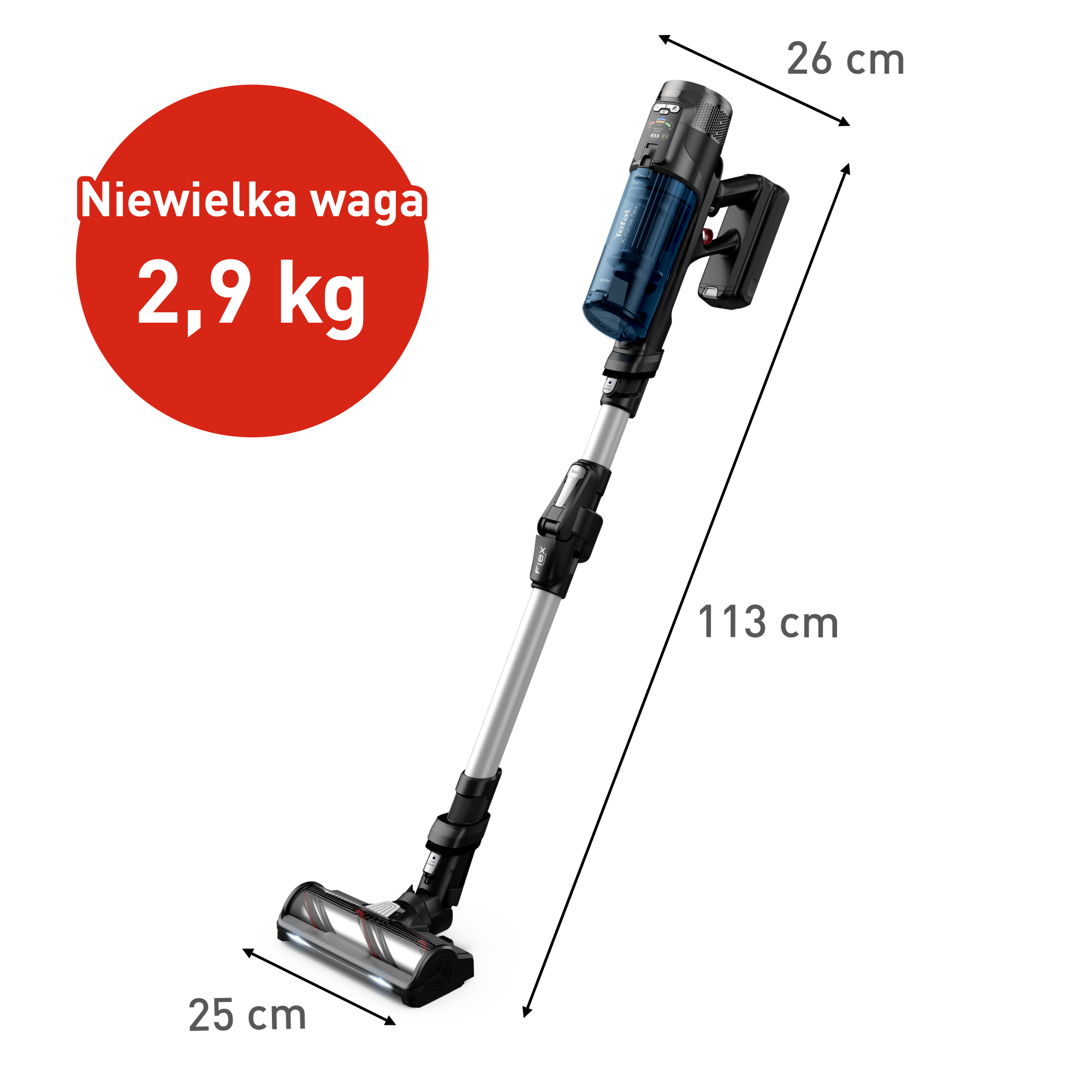 Un aspirapolvere senza fili con dimensioni e informazioni sul peso: 113 cm di lunghezza, spazzola da 25 cm, testa da 26 cm, peso di 2,9 kg.