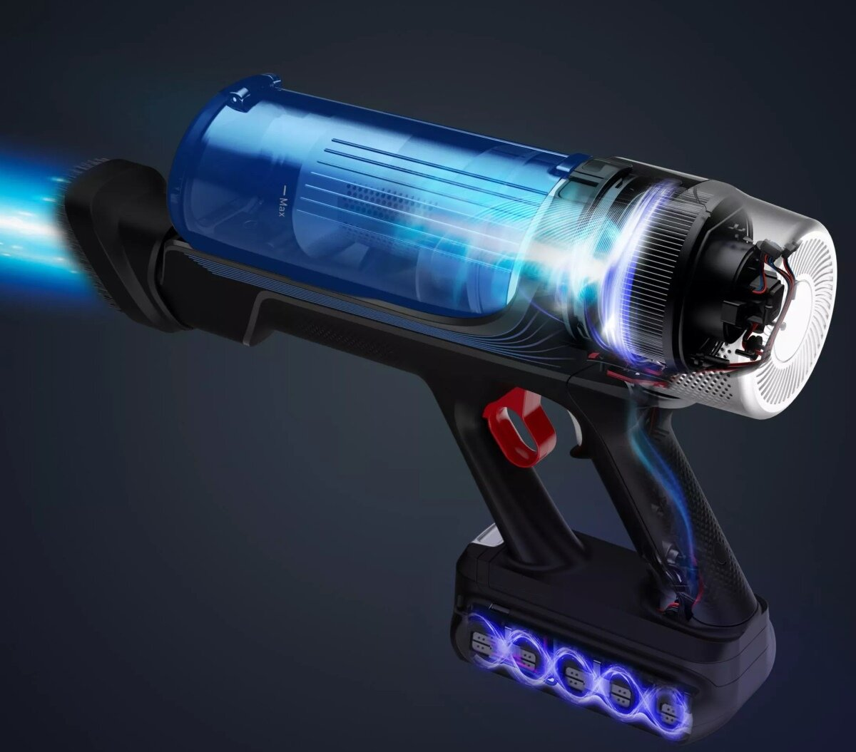 Una vista a sezione mostra un aspirapolvere portatile con luce blu e componenti interni.