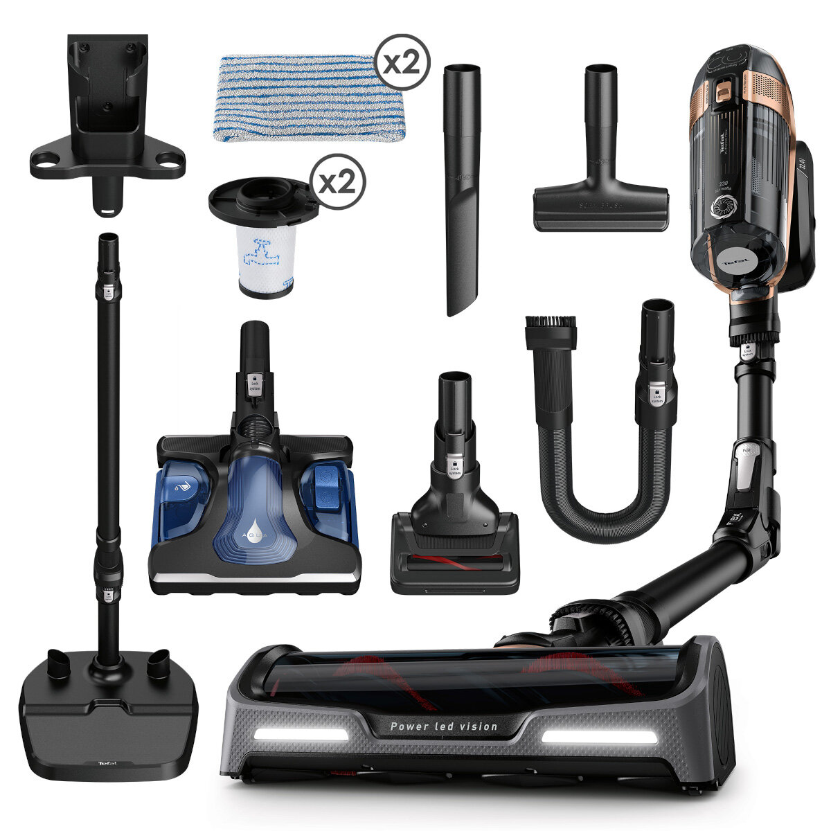 Odkurzacz i akcesoria ułożone na białym tle.