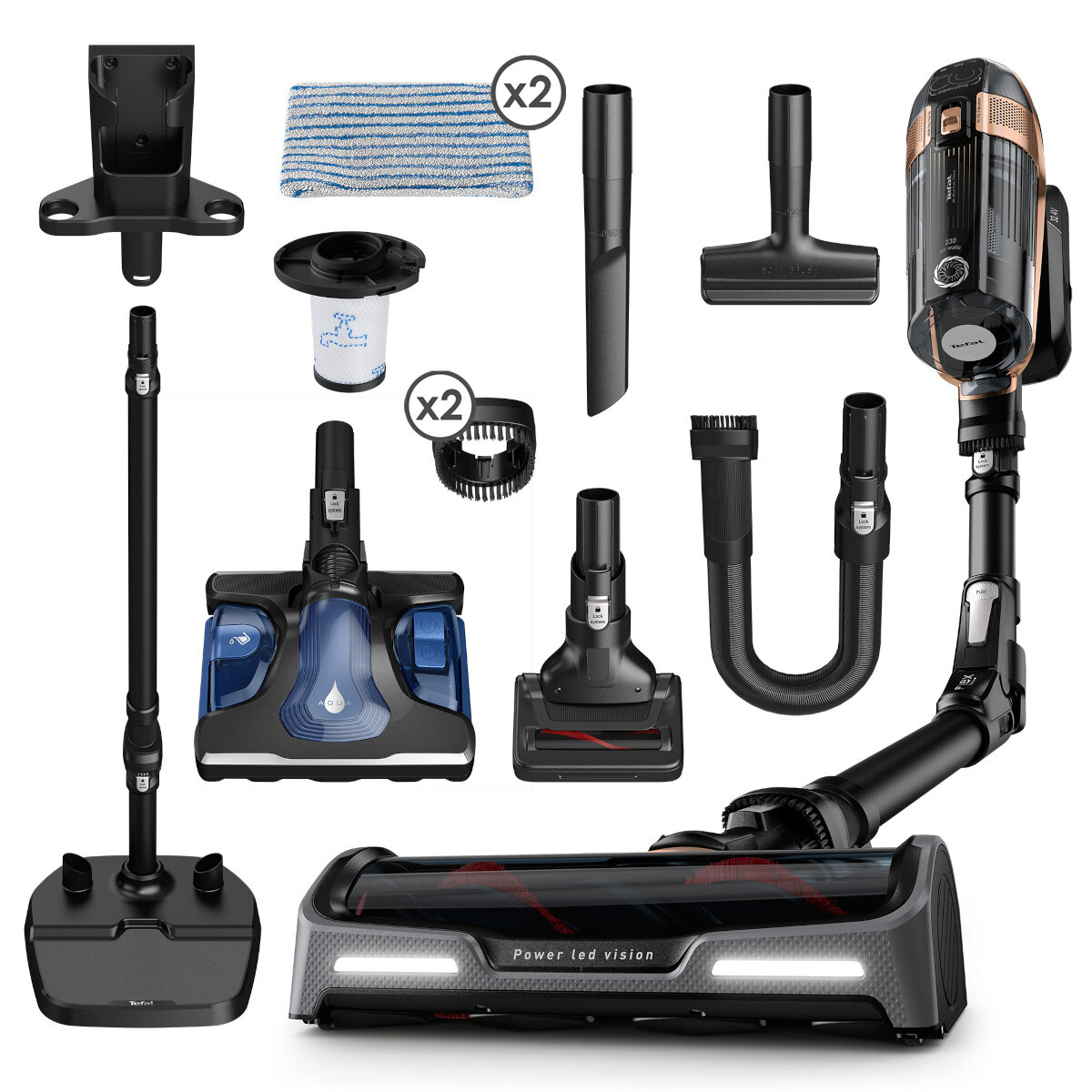 Odkurzacz i akcesoria ułożone na białym tle.