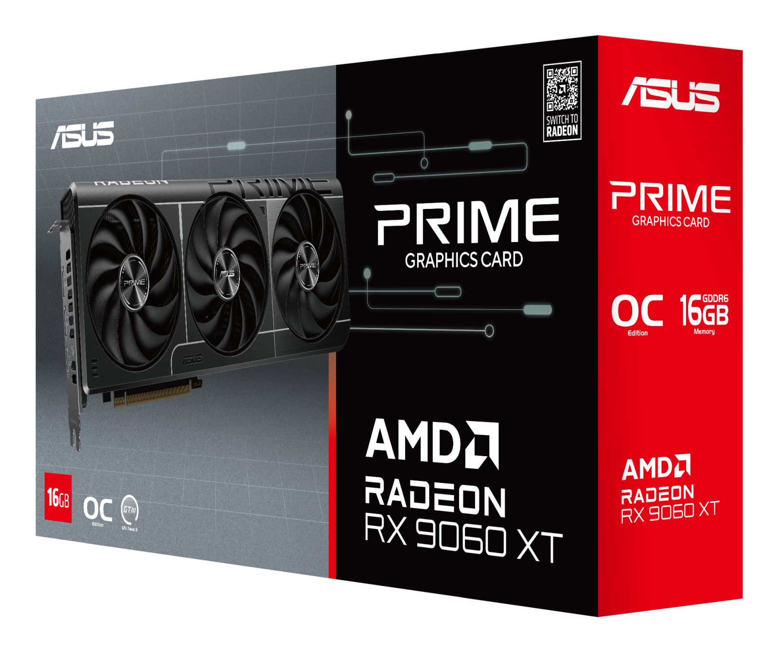Pudełko karty graficznej ASUS Prime AMD Radeon RX 9060 XT. Kolory czarny, czerwony i biały.