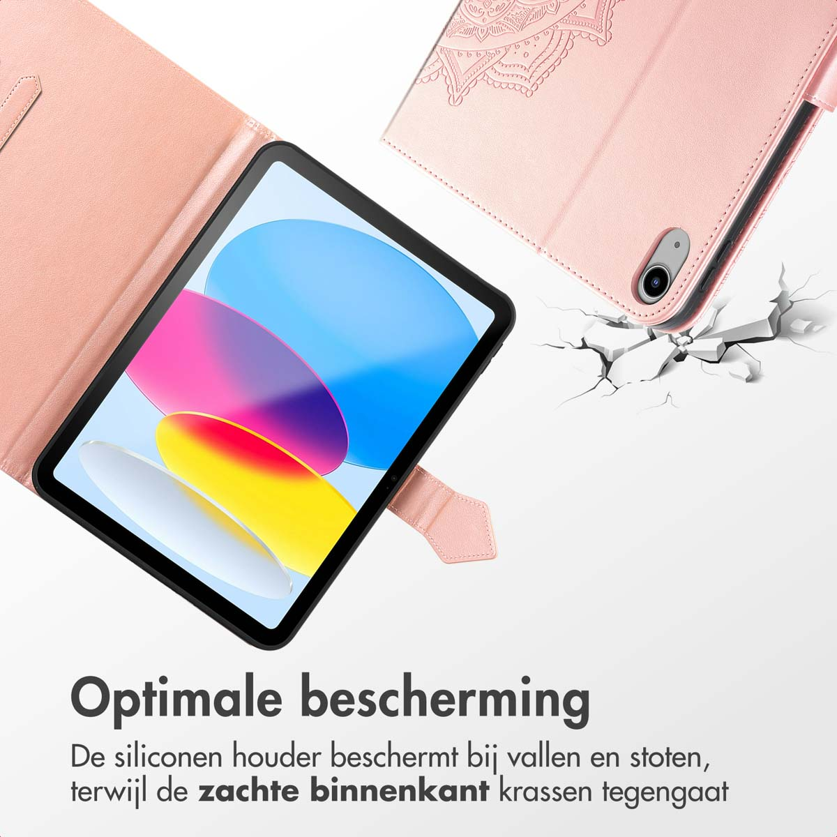 A tablet in a pink folio case. The screen displays a colorful graphic.
