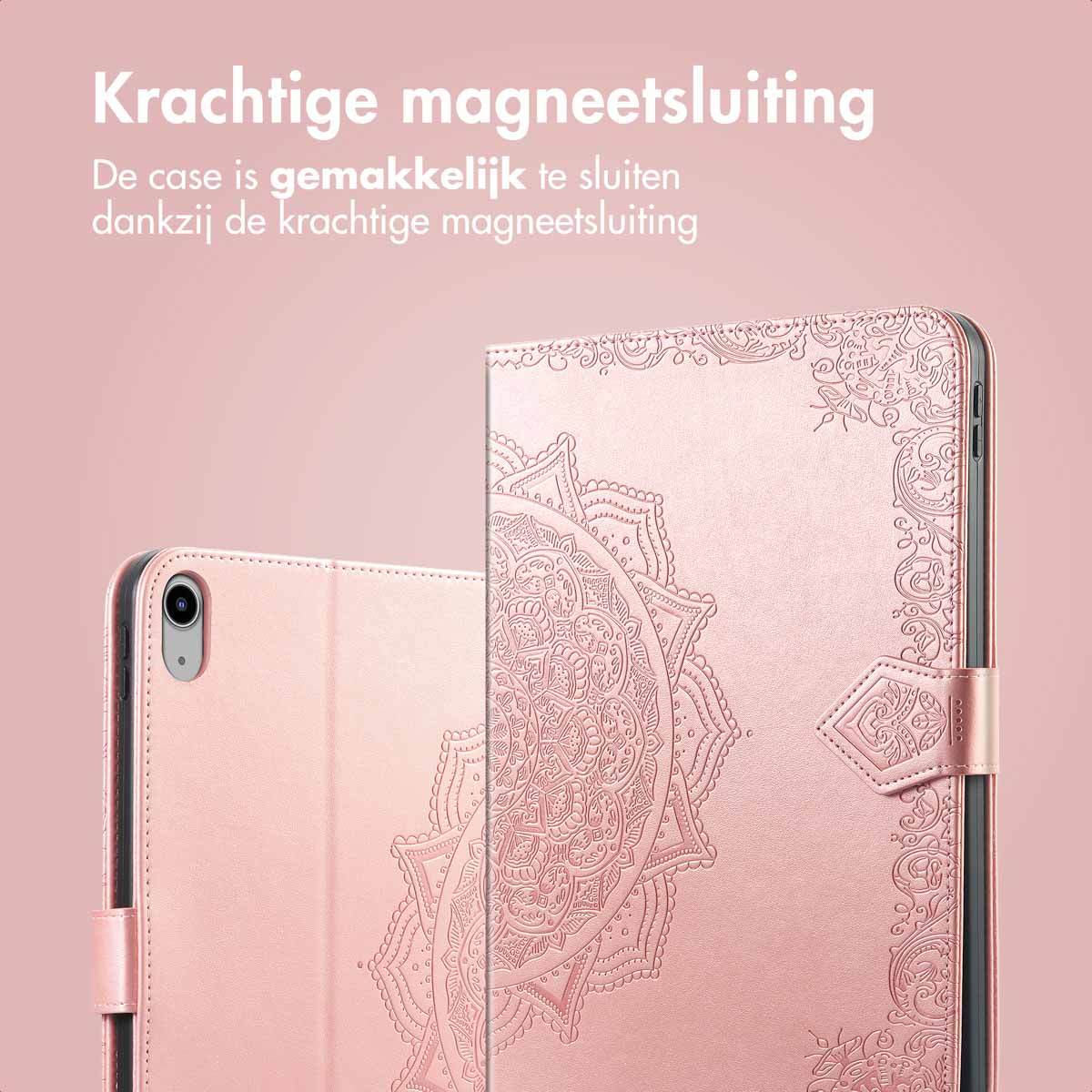 A pink tablet case with a mandala design. It's closed with a magnetic clasp.