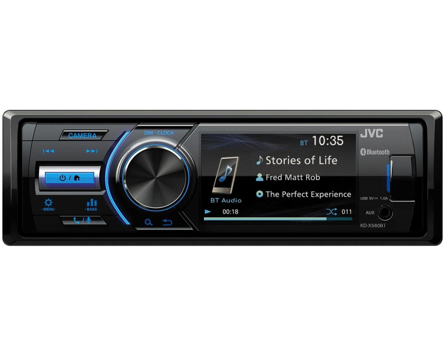 La parte anteriore di un'autoradio JVC, con schermo, pulsanti e manopola del volume.