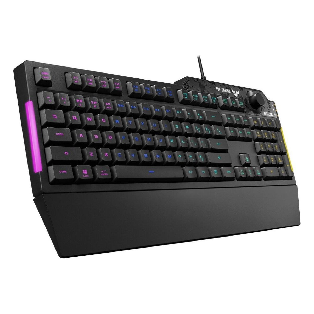 Eine Asus Gaming-Tastatur mit lila und blau beleuchteten Tasten. Sie ist schwarz und hat ein abgewinkeltes Design.