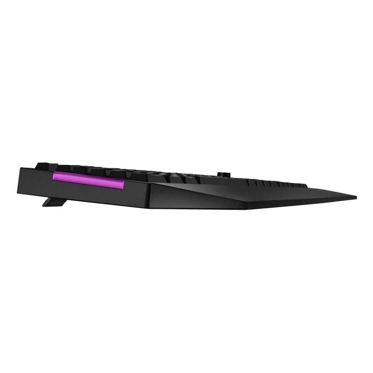 Seitenansicht einer schwarzen Gaming-Tastatur mit lila Lichtleiste. Sie ist abgewinkelt, mit Handballenauflage.