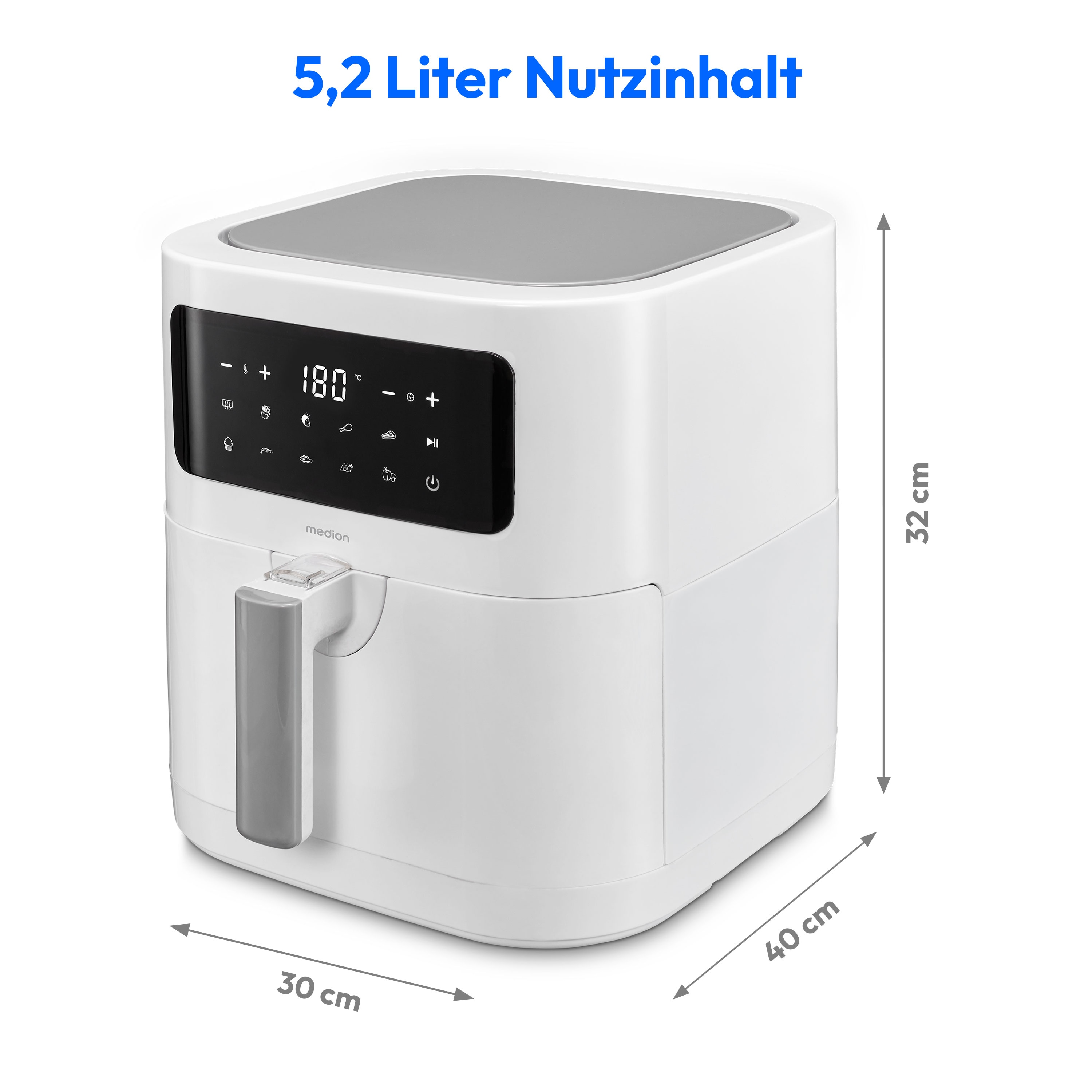 Biała frytownica powietrzna z wymiarami: pojemność 5,2 litra, 32 cm wysokości, 30 cm szerokości i 40 cm głębokości. Nazwa marki 'medion'.