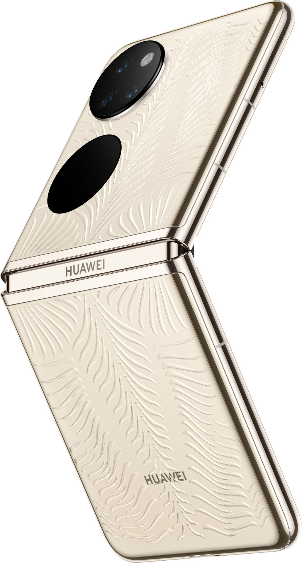 Geöffnetes goldenes Huawei-Telefon mit strukturiertem Design. Rückseite mit Kamera und Logo. Ein Klapphandy.