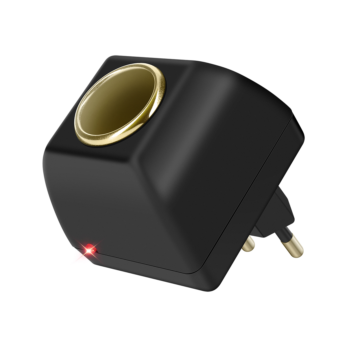 Adattatore nero con anello dorato. Luce rossa laterale. Ha dei pin ed  è angolato, forse per un caricabatterie per auto.