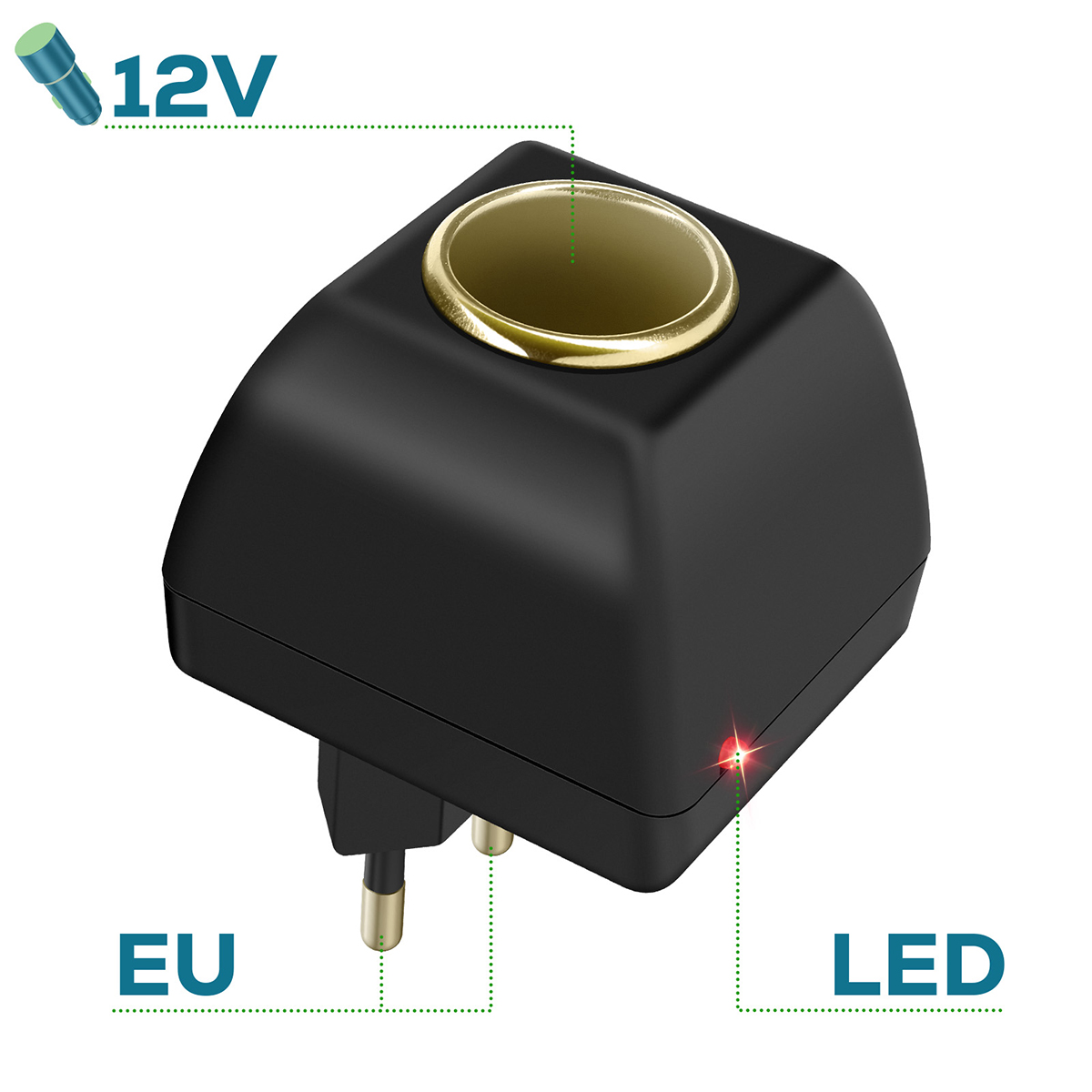 Adattatore UE nero con anello dorato, LED rosso e indicazione 12V. Sembra un adattatore per caricabatterie per auto con pin.