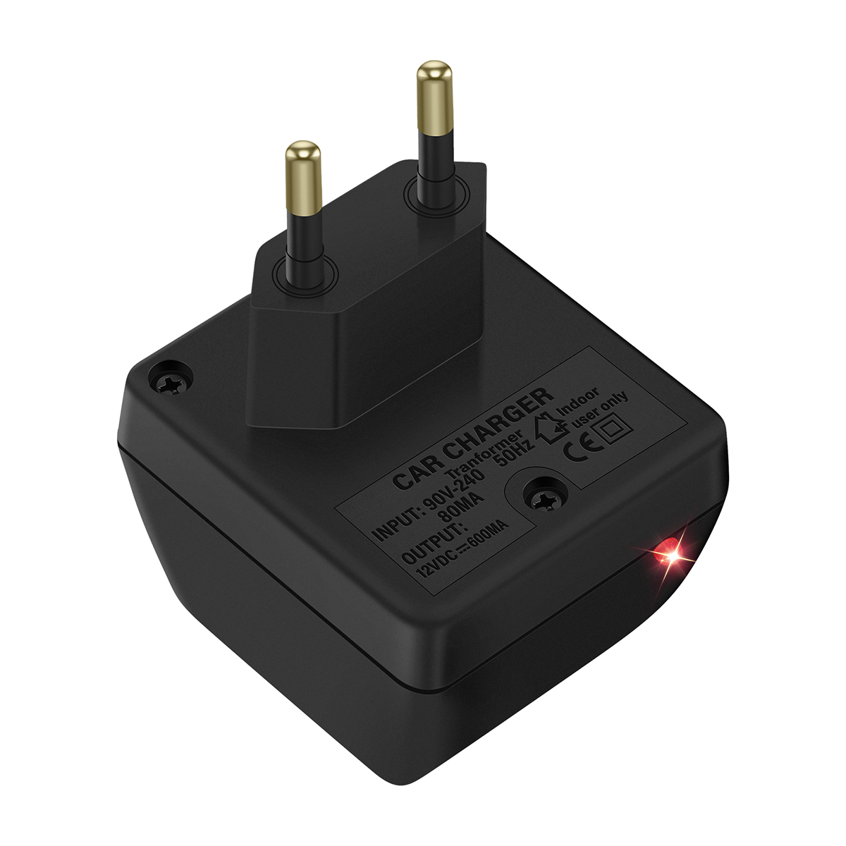 Adattatore per caricabatterie per auto nero con testo. Include pin e luce rossa, indicando l'uso interno.