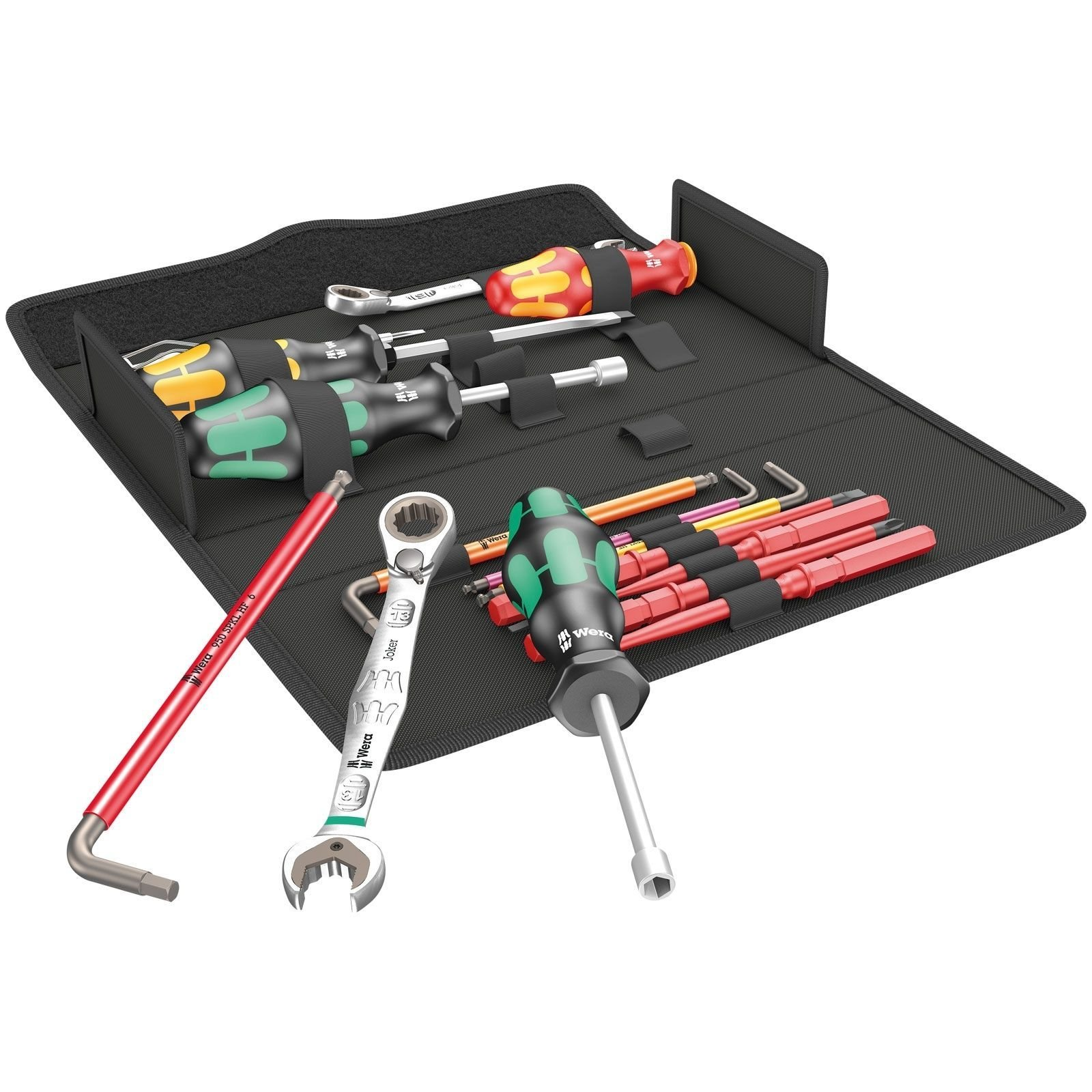 Open tool roll with various tools, including screwdrivers, Allen keys, and wrenches, neatly arranged on a black surface.