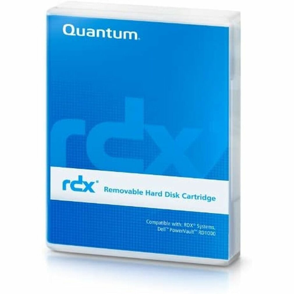Niebiesko-białe pudełko z wkładem do dysku twardego RDX. Tekst: 'rdx' i 'Removable Hard Disk Cartridge'.