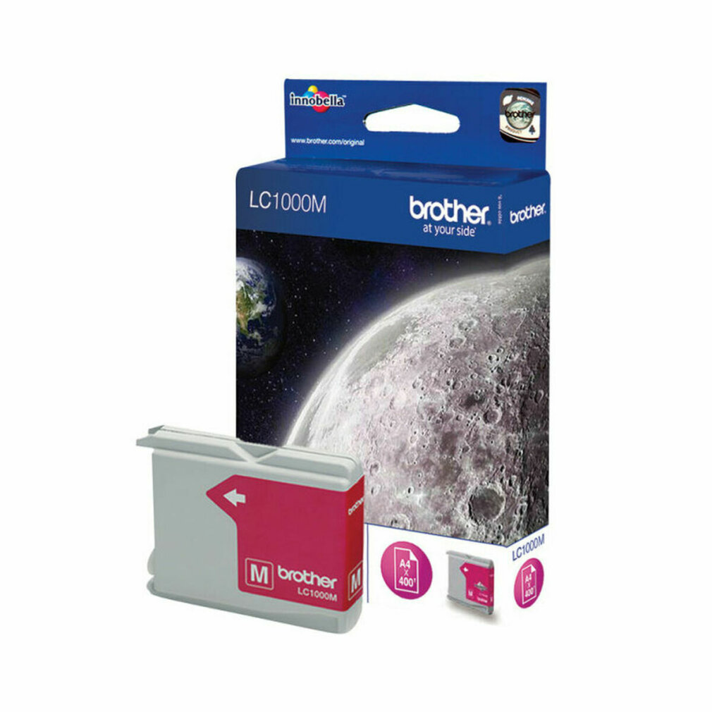 Eine rosa Brother Tintenpatrone und -box. Die Box hat ein Bild des Mondes.