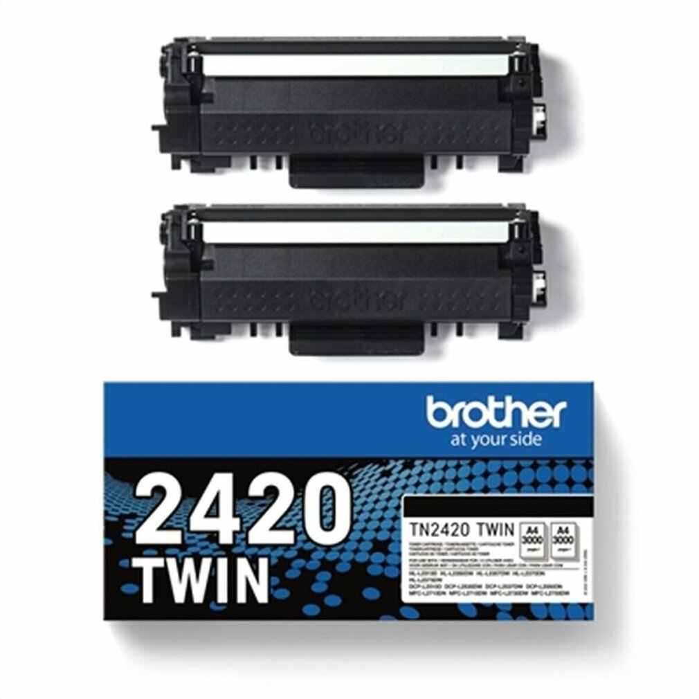 Two Brother toner cartridges and a box. The box is blue and white. The cartridges are black.