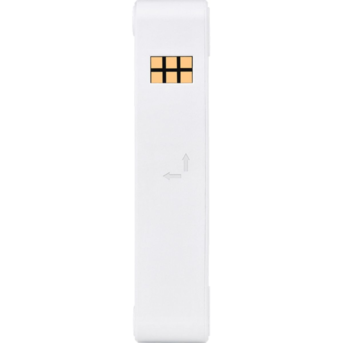 Un dispositivo bianco con un piccolo schermo e frecce.