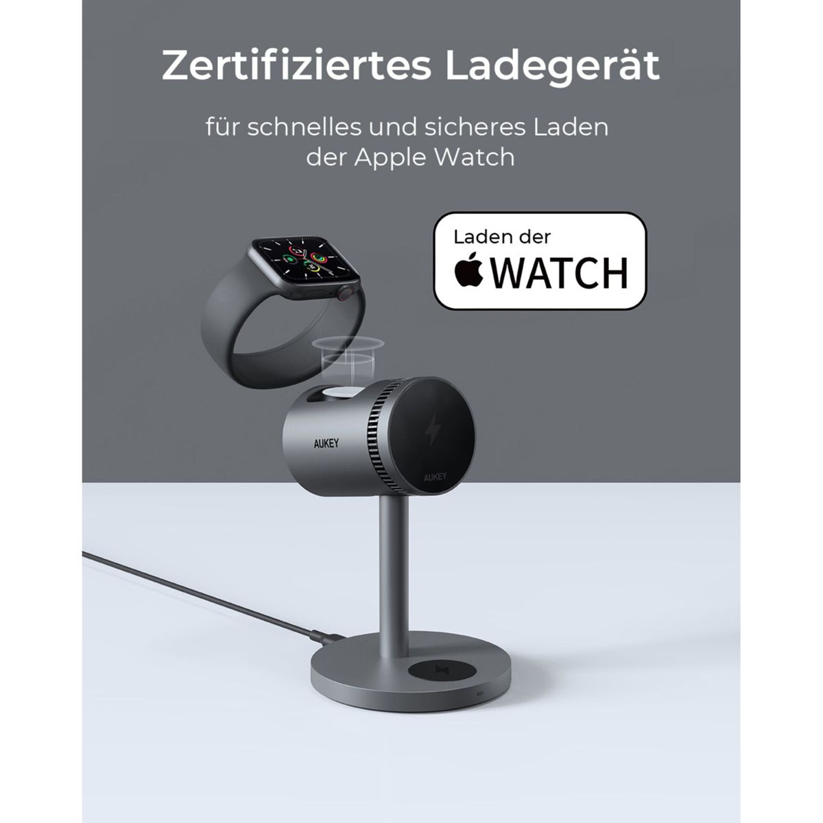 Ein schwarzes und graues Ladegerät für eine Apple Watch mit Text darüber.