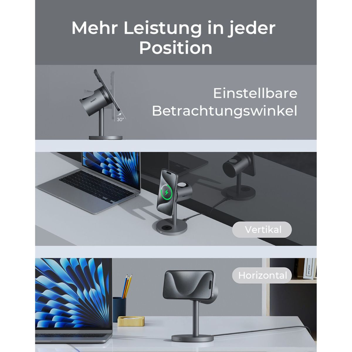 Drei Bilder einer Ladestation mit Laptop, Telefon und Uhr.