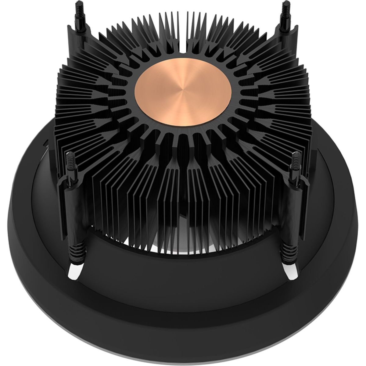 Zwarte CPU-koeler met koperen midden en stralende vinnen. Vier schroeven bevestigen hem. De basis is zwart.