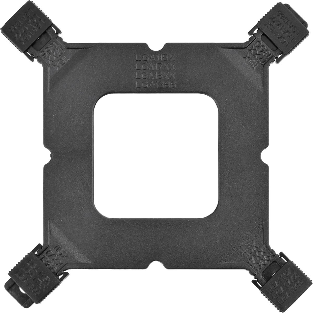 Zwarte CPU-montagebeugel met vier clips voor het vastzetten van een CPU-koeler. Vierkant gat in het midden.