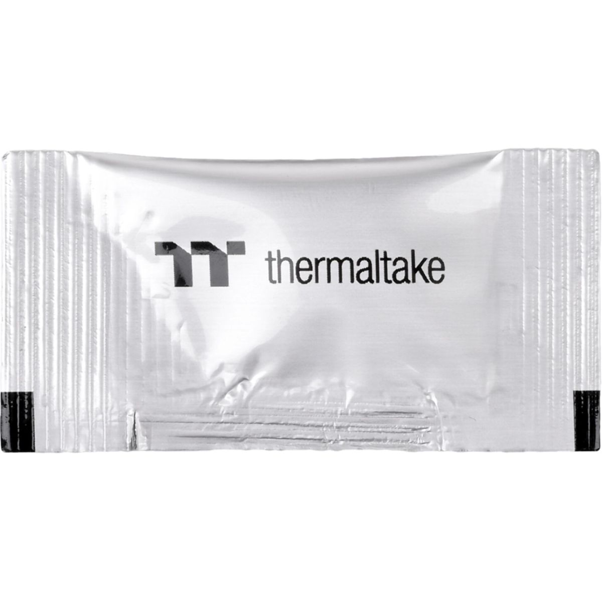 Zilveren thermaltake-foliezakje. Witte tekst 'thermaltake'. Zwarte randen aan de onderkant.