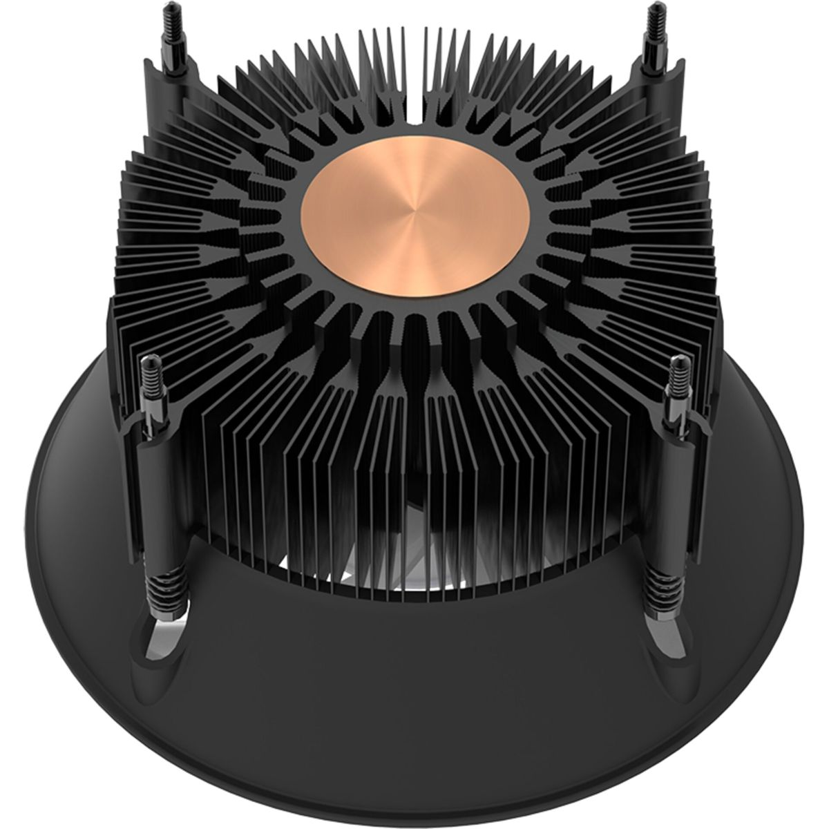 Dissipatore CPU nero con centro in rame e alette radianti. Quattro viti lo fissano. La base è nera.
