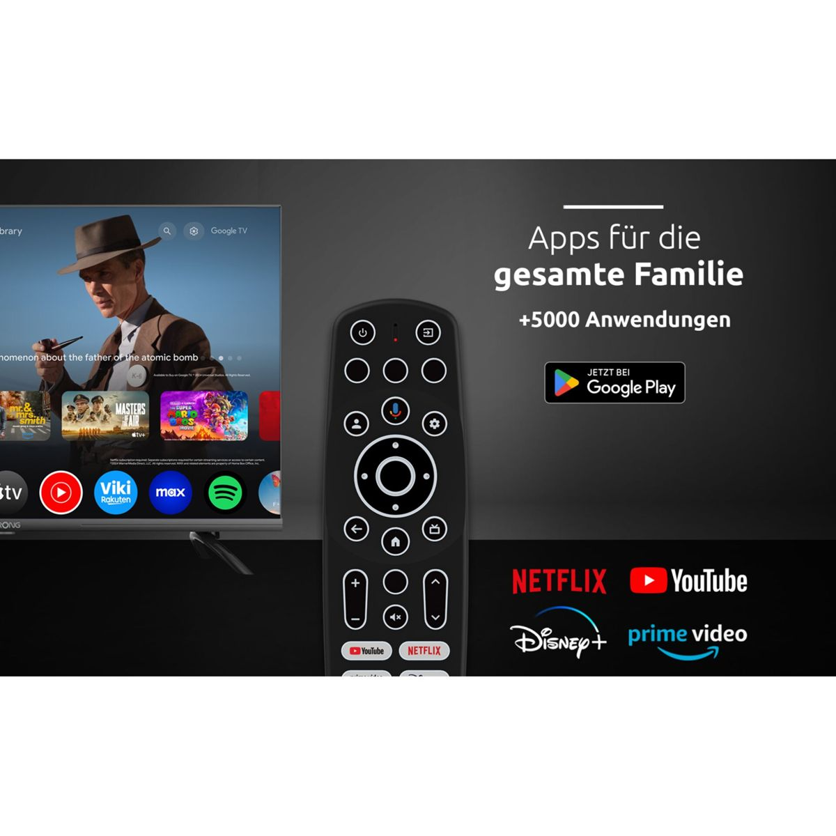 Una pantalla de televisión que muestra varias aplicaciones de transmisión y un control remoto. El texto en la pantalla dice 'Aplicaciones para la familia'.