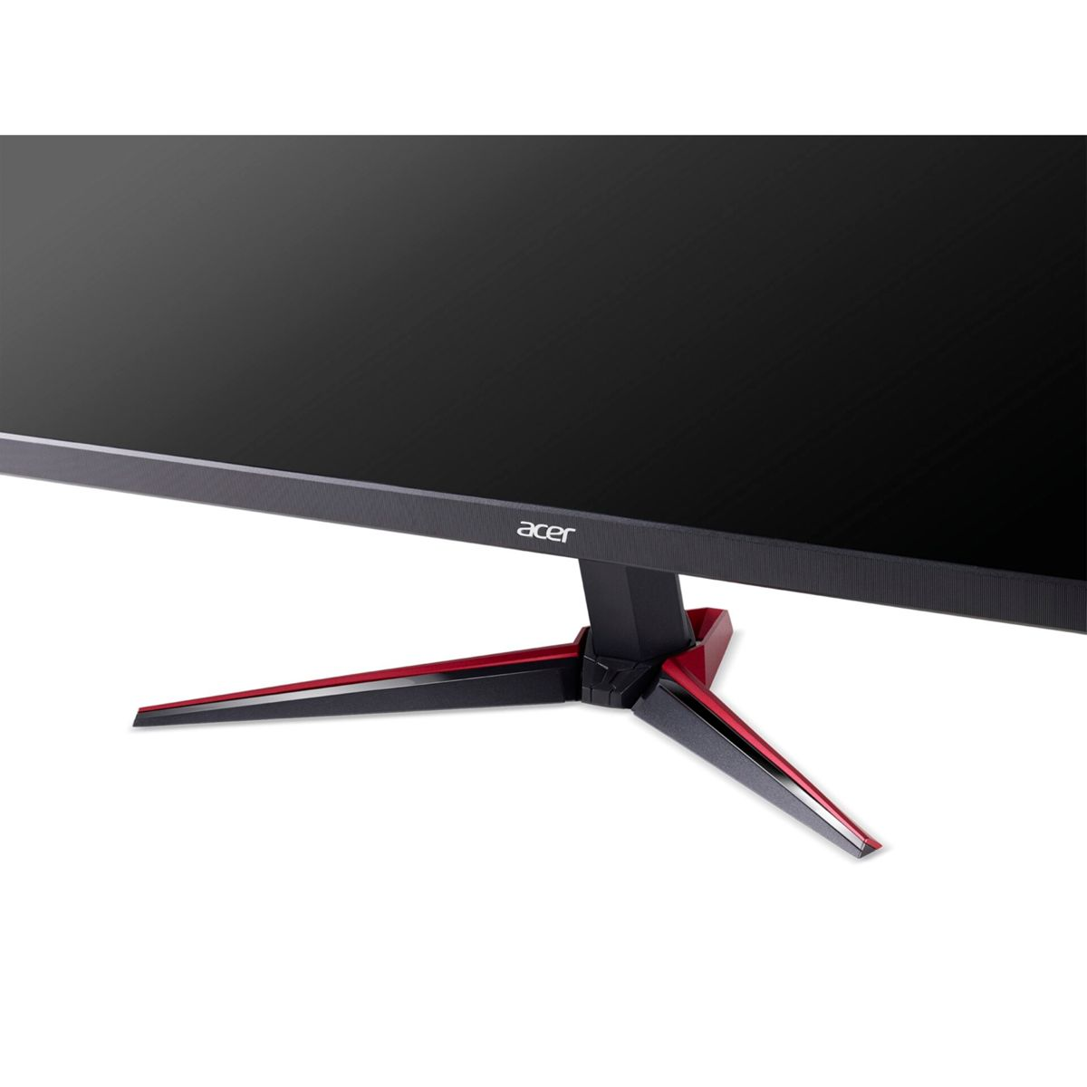 Monitor Acer z czarnym ekranem i czerwonym stojakiem. Czarno-czerwony design.