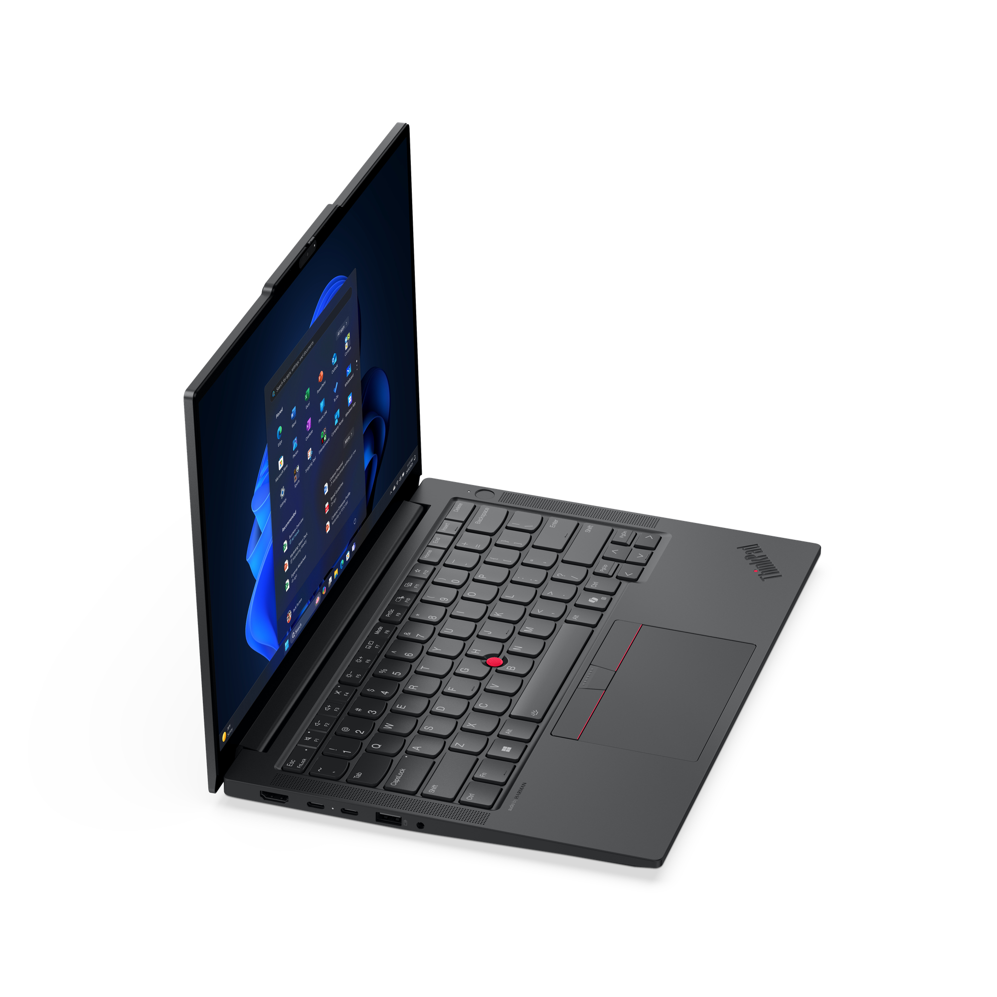 Czarny laptop ThinkPad, otwarty, ustawiony pod kątem w prawo, na białym tle. Ekran wyświetla interfejs systemu Windows 11.