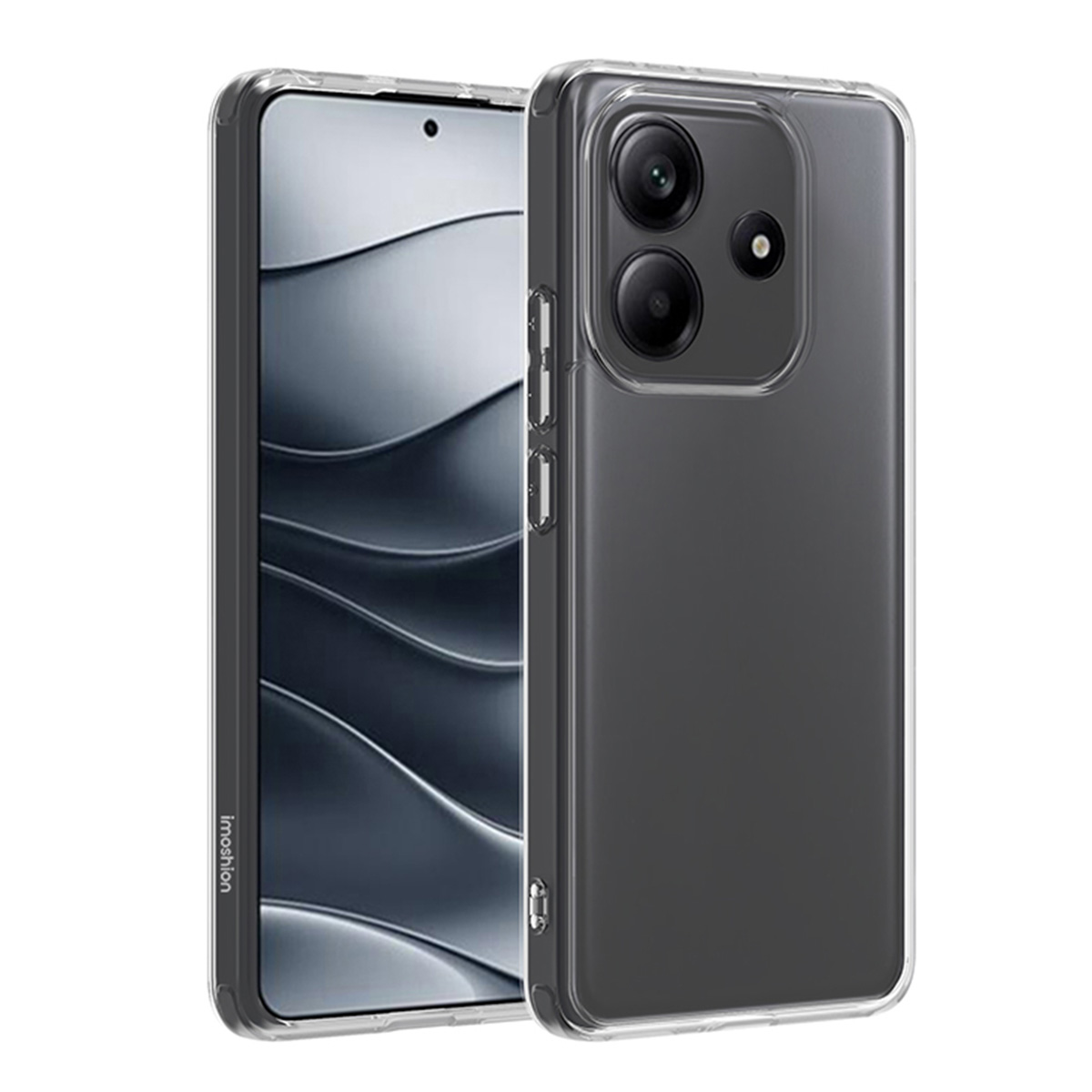 Uno smartphone in una custodia trasparente. Il telefono è nero, con una custodia trasparente.