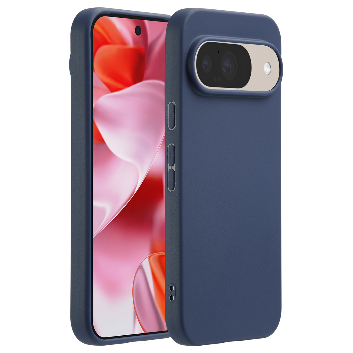Un étui de téléphone bleu avec une découpe pour la caméra, avec un téléphone à l'intérieur.
