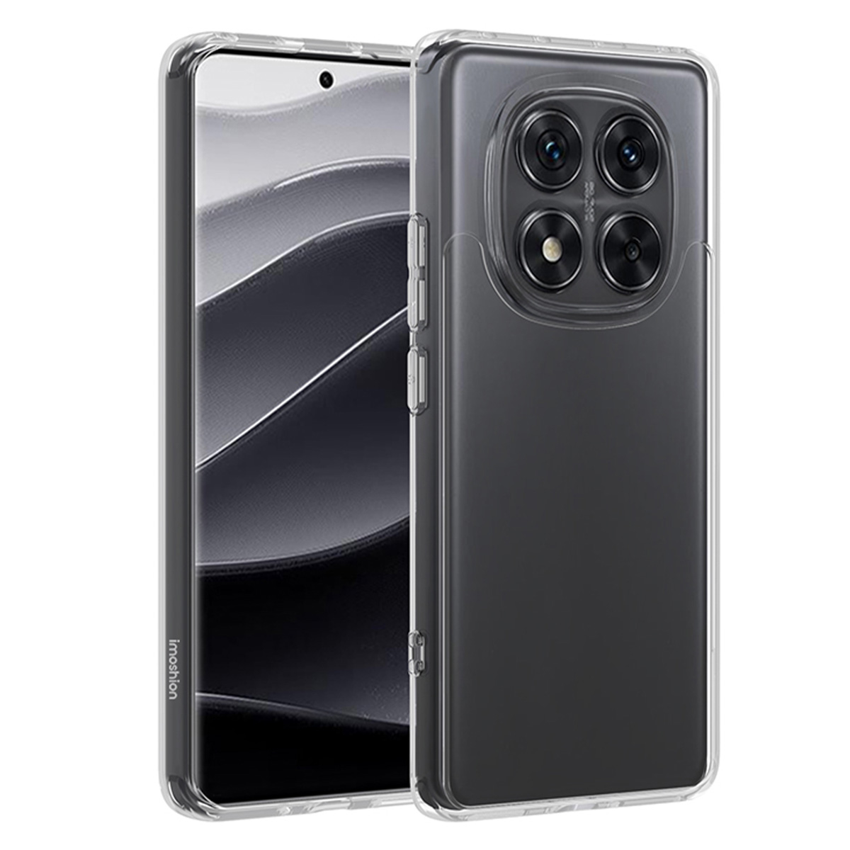 Een smartphone in een doorzichtige hoes. De telefoon is zwart, met een doorzichtige hoes.