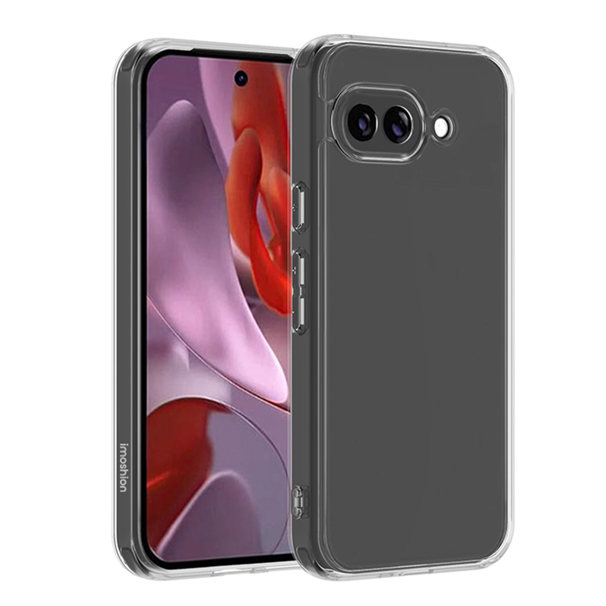 Een smartphone in een doorzichtige hoes. De telefoon is zwart, met een rode achtergrond.