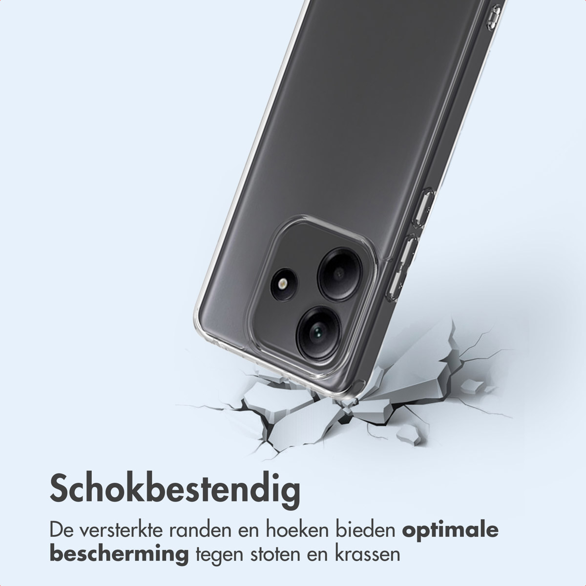 Un telefono in una custodia trasparente rompe una superficie. Il testo dice antiurto. Il telefono ha tre lenti.