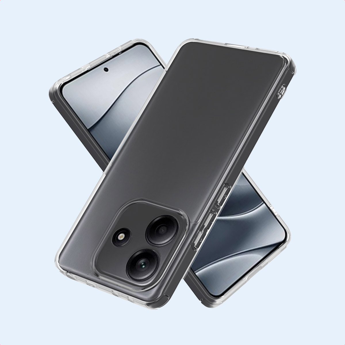 Due custodie trasparenti per telefono, che mostrano il retro. Lo sfondo è blu.
