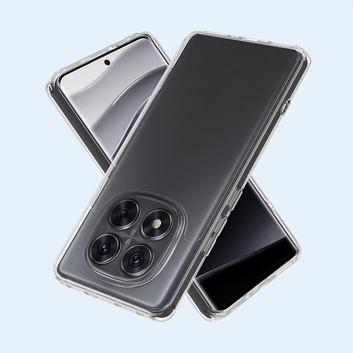 Twee telefoons in transparante hoesjes worden getoond. Ze zijn tegen elkaar geplaatst en lijken te zweven.