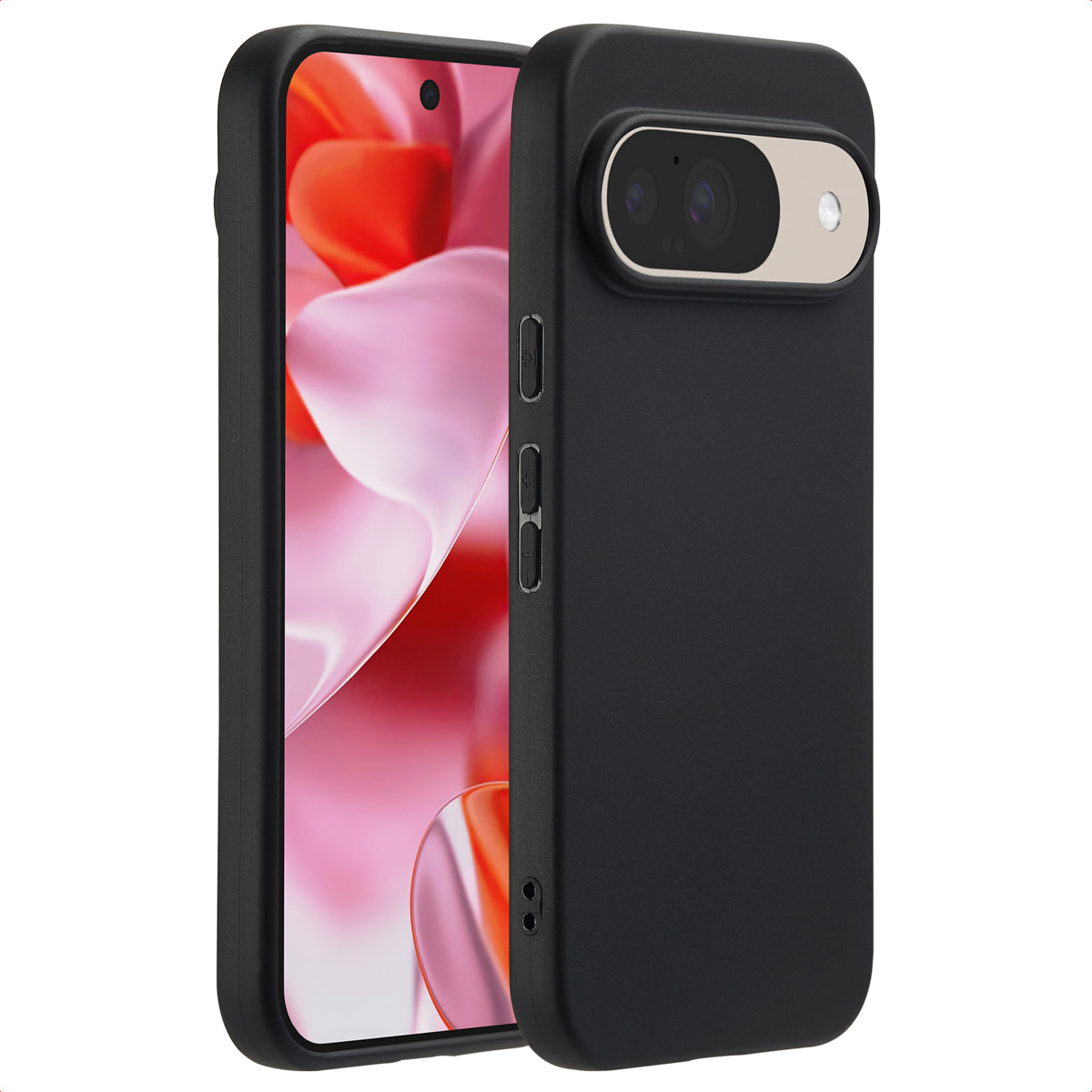 Coque de téléphone noire avec un téléphone. Montre boutons, caméra et ouvertures.