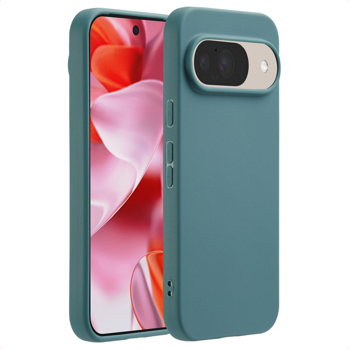 Une coque de téléphone bleue sur fond bleu. La coque a une découpe pour l'appareil photo.